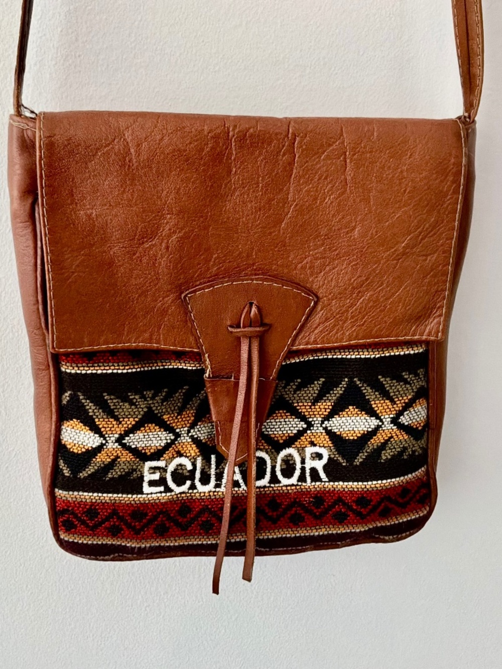 Vintage Artisan Handwoven Ecuador Leather Crossbody Bag Boho Geometric